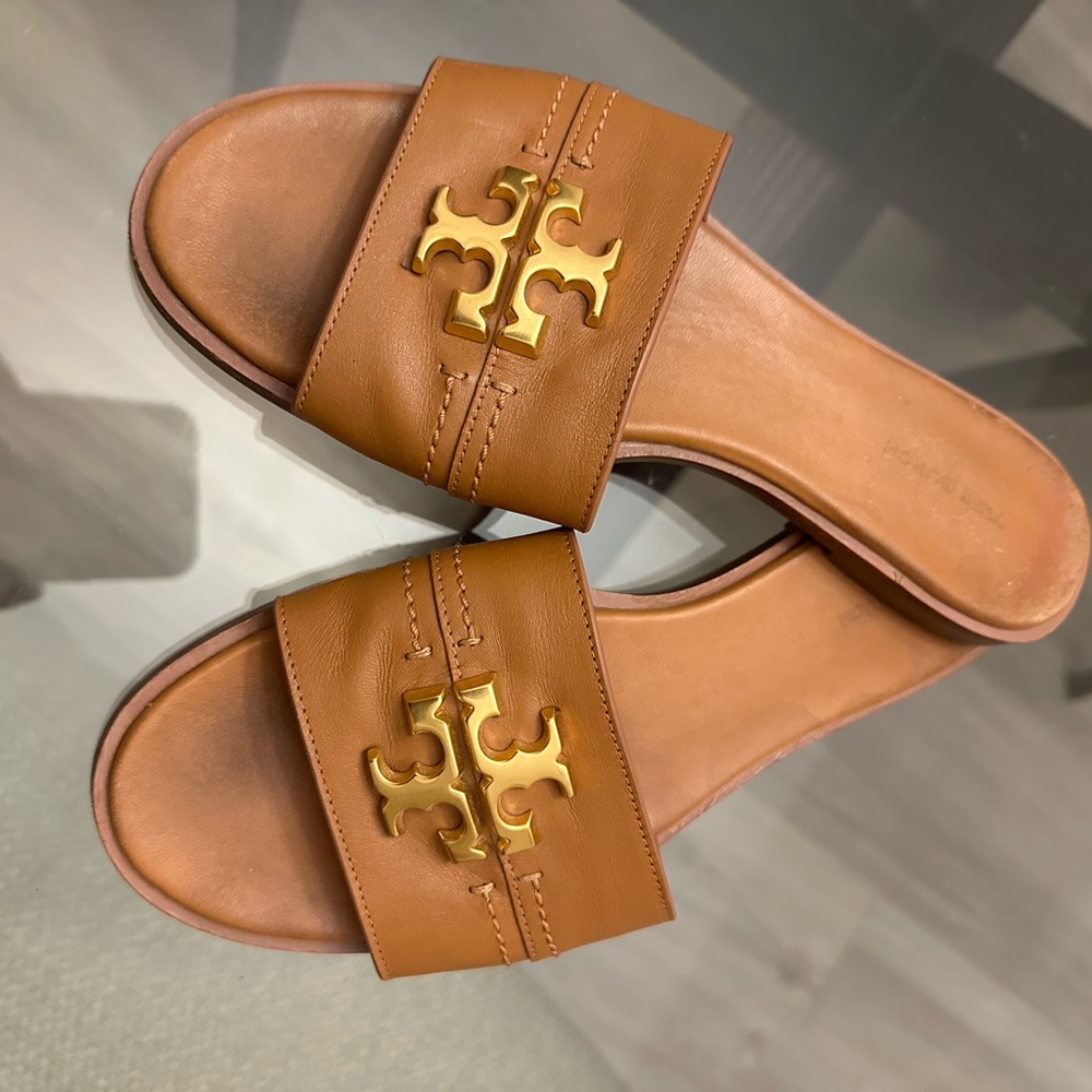 Brown Slide Sandals with Gold Logo